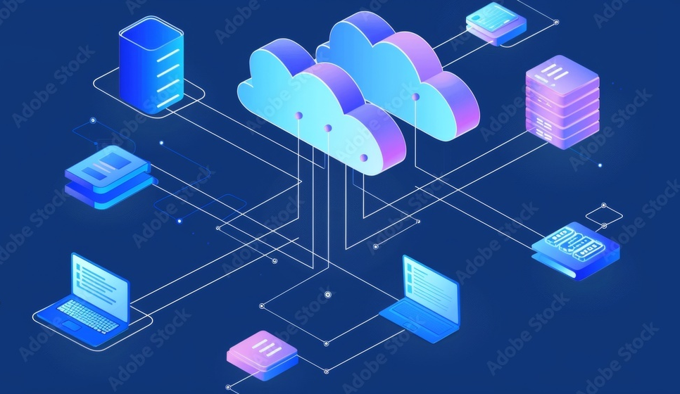 Illustration of cloud computing with interconnected devices and servers.