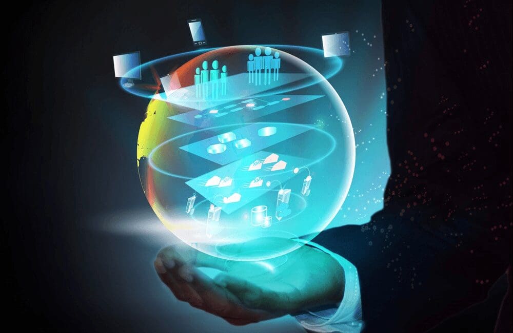 Futuristic holographic technology concept in hand.